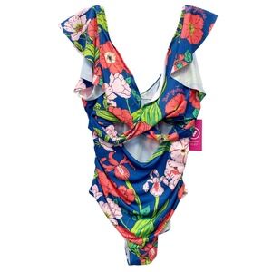Berry Jane Women's Blue Floral Ruffle Keyhole One Piece Swimsuit Size 2XL